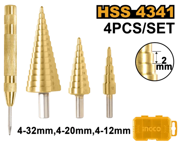 JUEGO DE BROCAS ESCALONADAS 4 PCS INGCO