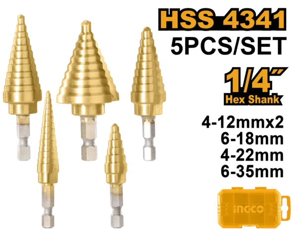 JUEGO DE BROCAS ESCALONADAS 5PCS INGCO