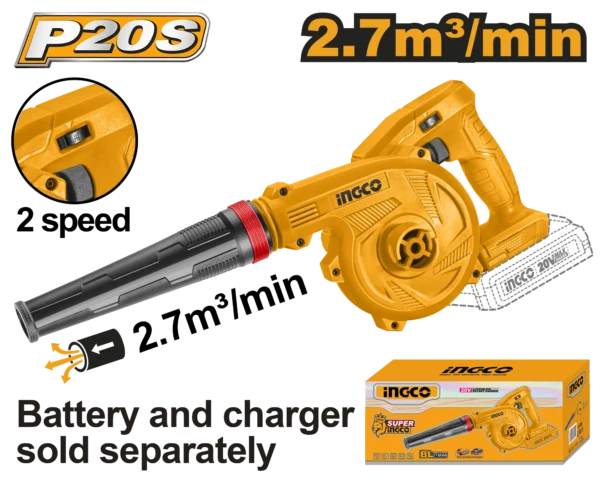 SOPLO ASPIRADOR INALAMBRICO 2,7M3/MIN 20V INGCO.