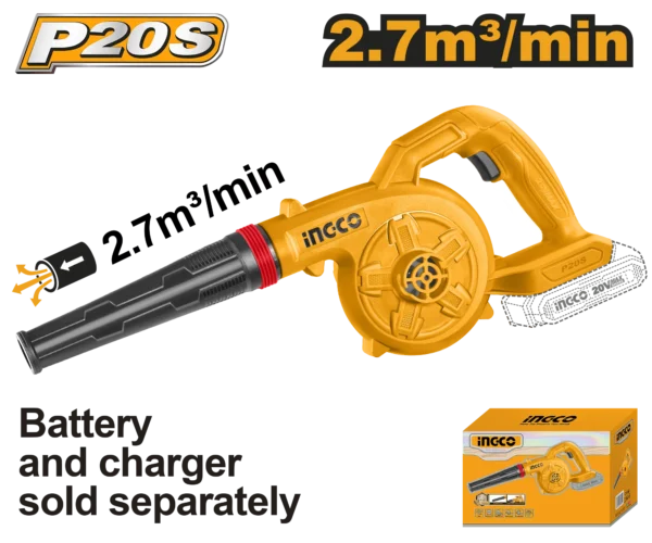 SOPLADOR INALAMBRICO 20V 18000 RPM 2,7M3/MIN INGCO