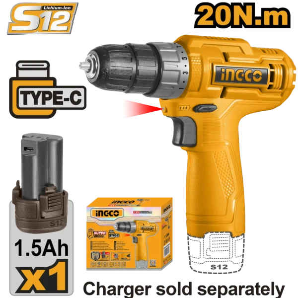 TALADRO INALAMBRICO 3/8"" 12V 20N.M + 1 BAT 1.5AH INGCO