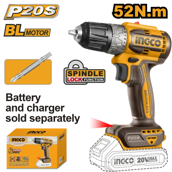 TALADRO INALAMBRICO 3/8"" BL 20V 52N.M INGCO