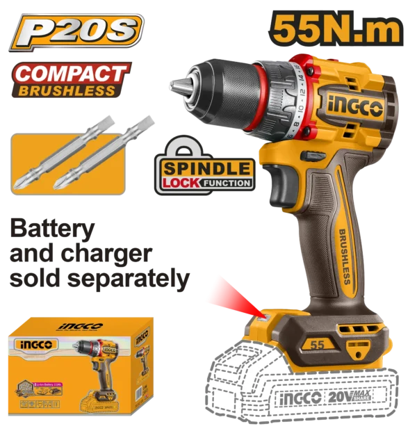 TALADRO INALAMBRICO 1/2" BL 20V 55N.M INGCO