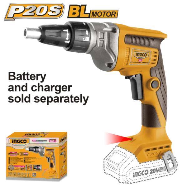 ATORNILLADOR INALAMBRICO PARA YESO 1/4"" HEX BL 20V 30N.M INGCO