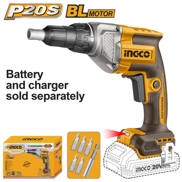 ATORNILLADOR INALAMBRICO PARA YESO 1/4" HEX BL 20V 4200RPM INGCO