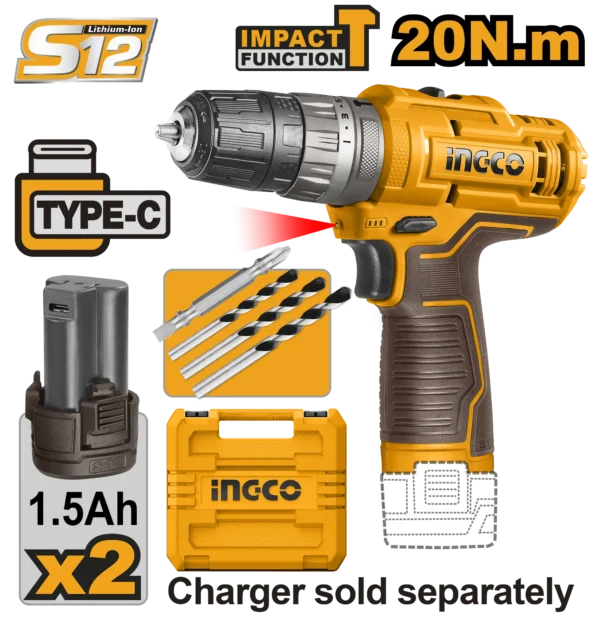 TALADRO DE IMPACTO 3/8"" 12V 20N.M + 2 BAT 1.5AH + MALETA INGCO