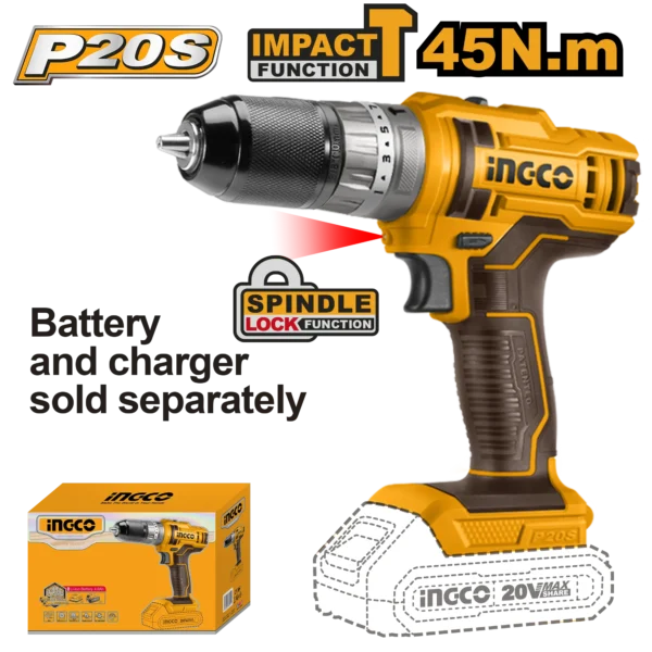 TALADRO DE IMPACTO INALAMBRICO 3/8"" 20V 45N.M INGCO