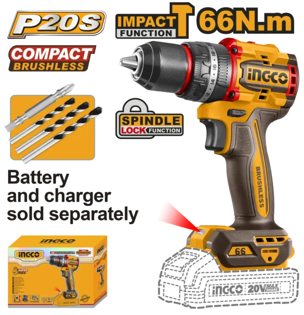 TALADRO DE IMPACTO 1/2'' 20V 66N.M INGCO