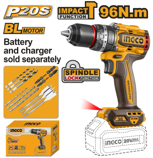 TALADRO DE IMPACTO 1/2'' 20V 96N.M INGCO