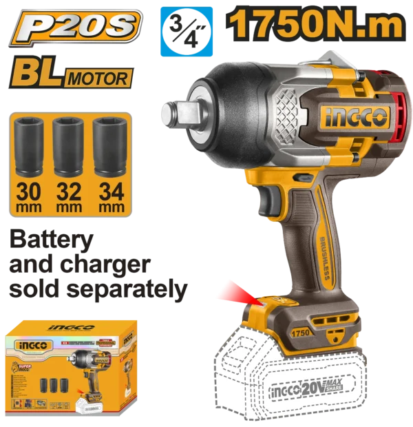 LLAVE DE IMPACTO INALAMBRICA 3/4" BL 20V 1750N.M INGCO