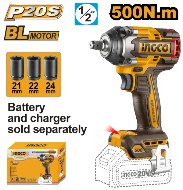 LLAVE DE IMPACTO INALAMBRICA 1/2"" BL 20V 500N.M INGCO