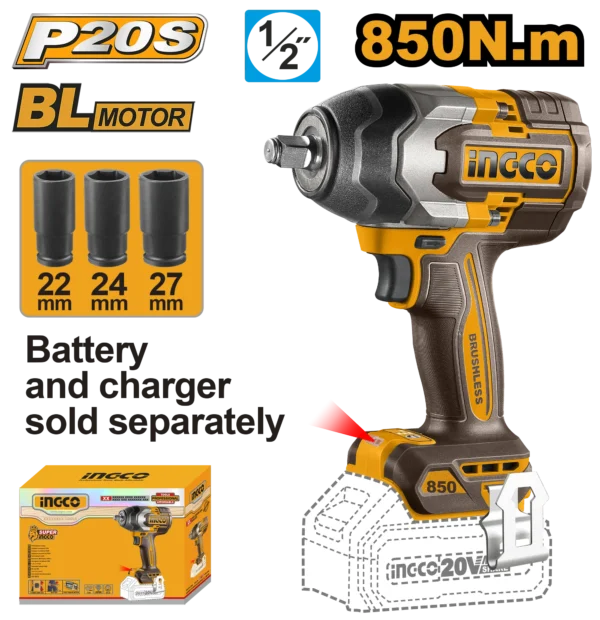 LLAVE DE IMPACTO INALAMBRICA 1/2"" BL 20V 850N.M INGCO