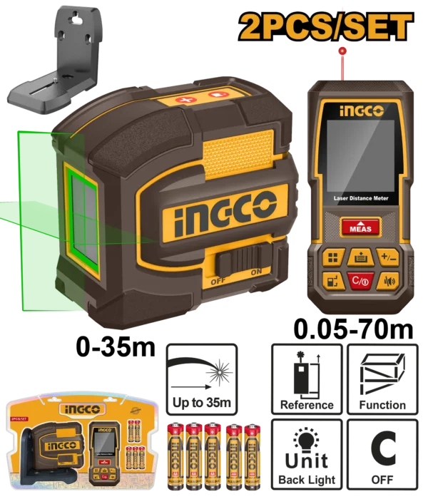 JUEGO COMBINADO DE 2 PIEZAS LASER DE LINEA AUTONIVELANTE LUZ VERDE 2 LINEAS 35M + MEDIDOR DE DISTANCIA LASER 70M INGCO