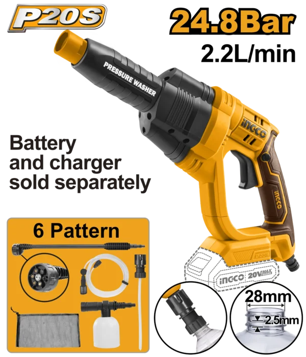 HIDROLAVADORA A PRESIÓN INALAMBRICA 2,2L/MIN 20V INGCO