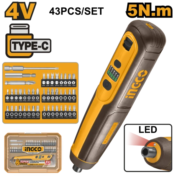 DESTORNILLADOR INALAMBRICO 1/4"" 4V 5N.M INGCO.