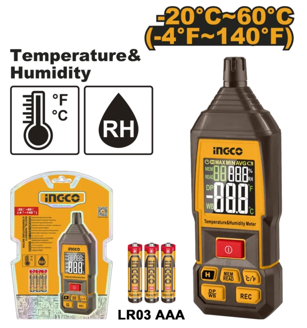 MEDIDOR DE HUMEDAD Y TEMPERATURA DIGITAL -20℃~60℃(-4℉~140℉) INGCO