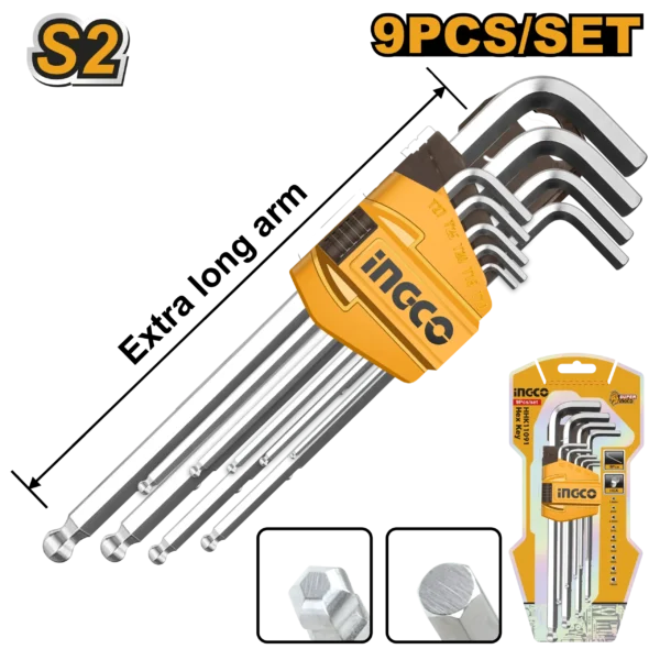 JUEGO LLAVE HEXAGONAL PUNTO DE BOLA (L) 9PCS INGCO.