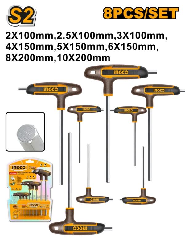 JUEGO DE LLAVES HEXAGONALES CON MANGO EN T DE 8 PIEZAS INGCO