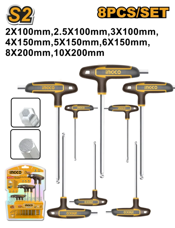 JUEGO DE LLAVES HEXAGONALES CON PUNTA DE BOLA CON MANGO EN T DE 8 PIEZAS