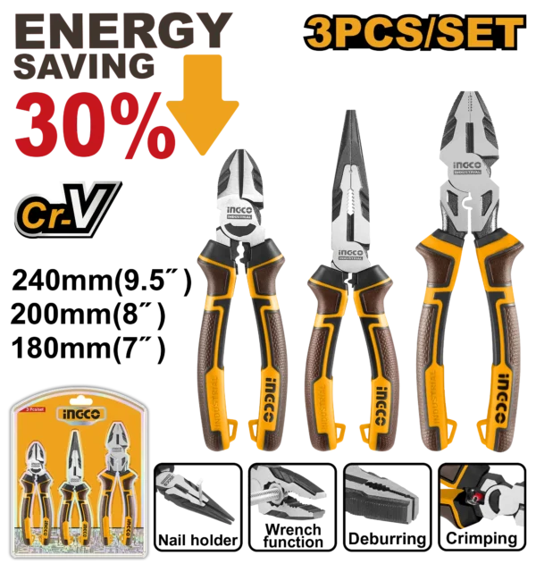 JUEGO ALICATES 9.5" INDUSTRIALES 3PCS INGCO