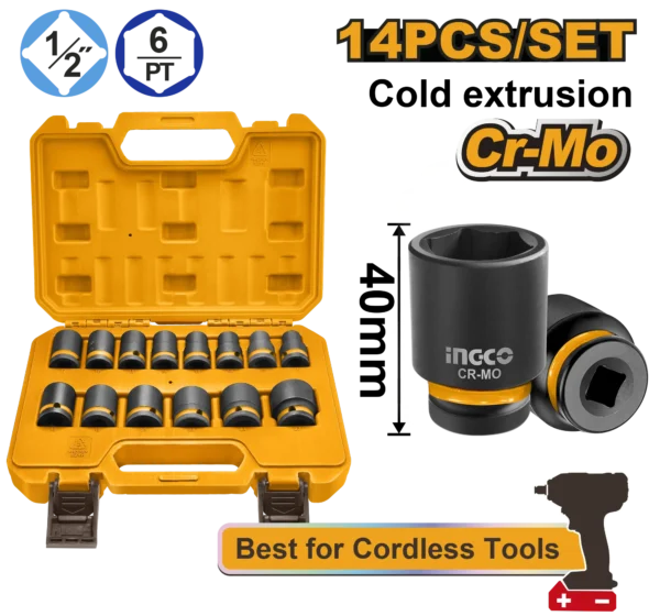 JUEGO DE DADOS DE IMPACTO 1/2" - 10-11-12-13-14-15-16-17-18-19-21-22-24-27 (14 PCS) INGCO