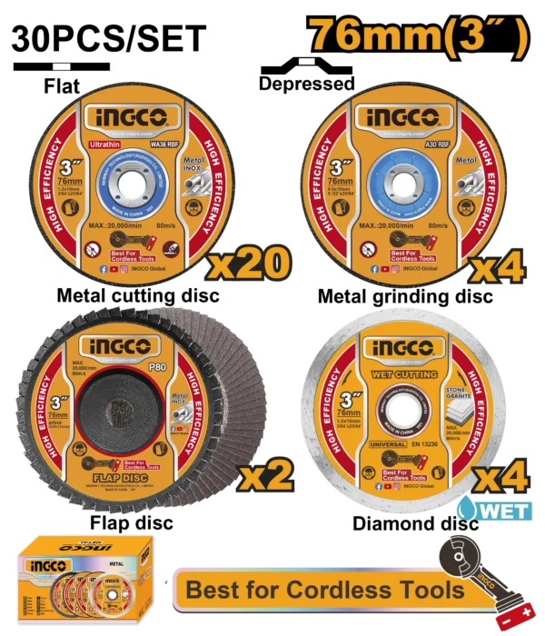 JUEGO DE DISCOS DE CORTE Y DESBASTE 3"" 30PCS INGCO