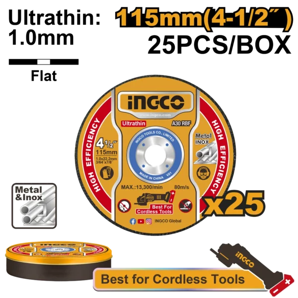 JUEGO DISCOS CORTE METAL ULTRAFINO 115MMX1.0MMX22.2MM 25PCS INGCO