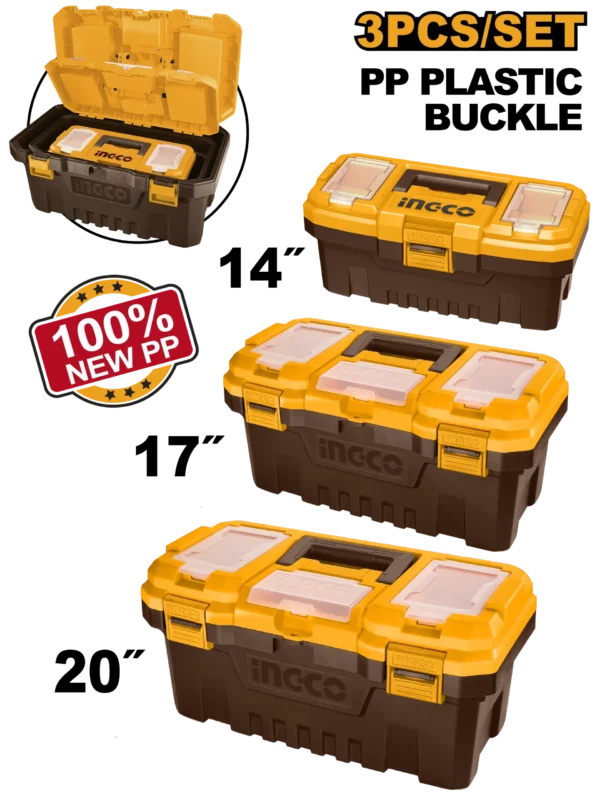 JUEGO DE 3 CAJAS DE HERRAMIENTAS DE PLASTICO 14""-17""-20"" INGCO