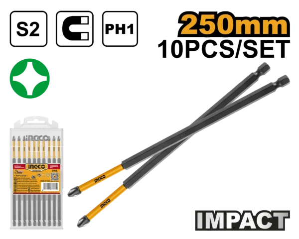 SET DE 10 PUNTAS DE DESTORNILLADOR DE IMPACTO 250MM INGCO