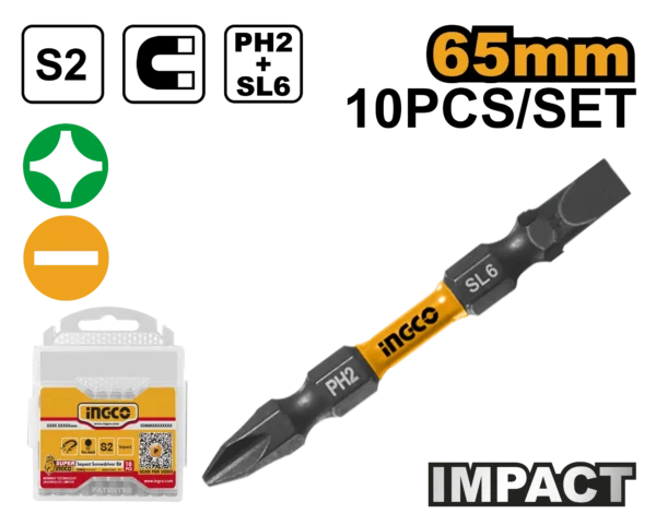 SET DE 10 PUNTAS DE DESTORNILLADOR DE IMPACTO 65MM INGCO.