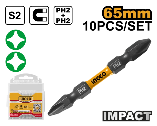 SET DE 10 PUNTAS DE DESTORNILLADOR DE IMPACTO 65MM INGCO