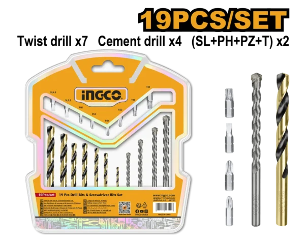 JUEGO DE BROCAS 19PCS HSS Y CONCRE + 8PTAS DEST INGCO