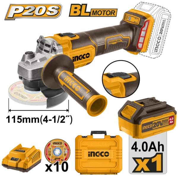 AMOLADORA ANGULAR 4-1/2 BL 20V + 1 BAT 4.0AH + CARG + MALETA INGCO