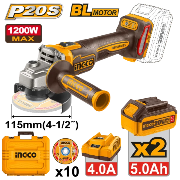 AMOLADORA ANGULAR 4-1/2" BL 20V 1200W + 2 BAT 5.0AH + CARG + MALETA INGCO