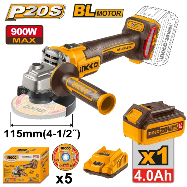 AMOLADORA ANGULAR 4-1/2 BL 20V 900W+ 1 BAT 4.0AH + CARG + MALETA INGCO