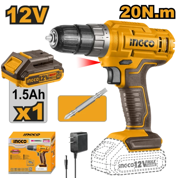 TALADRO INALAMBRICO 3/8"" 12V 20N.M + 1 BAT 1.5AH + CARG INGCO