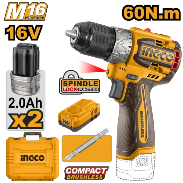 TALADRO INALAMBRICO 1/2"" BL 16V 60N.M + 2 BAT 2.0AH + CARG + MALETA INGCO