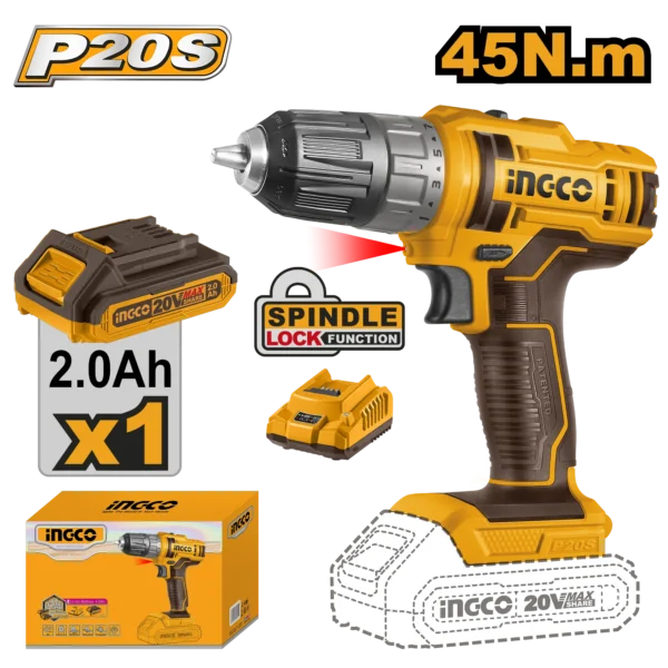 TALADRO INALAMBRICO 3/8"" 20V 45N.M + 1 BAT 2.0AH + CARG INGCO