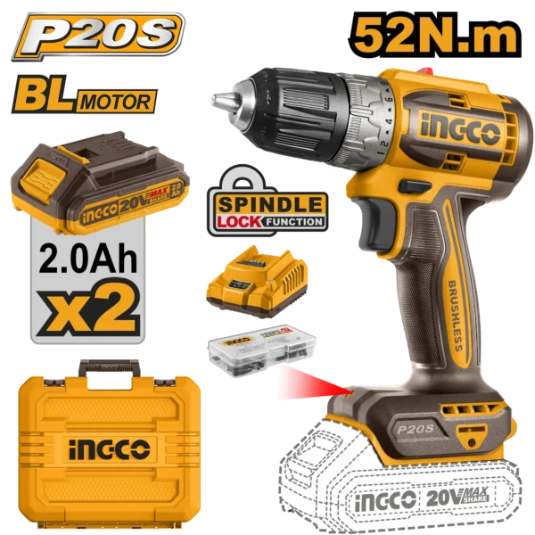 TALADRO INALAMBRICO 3/8"" BL 20V 52N.M + 2 BAT 2.0AH + CARG + MALETA INGCO