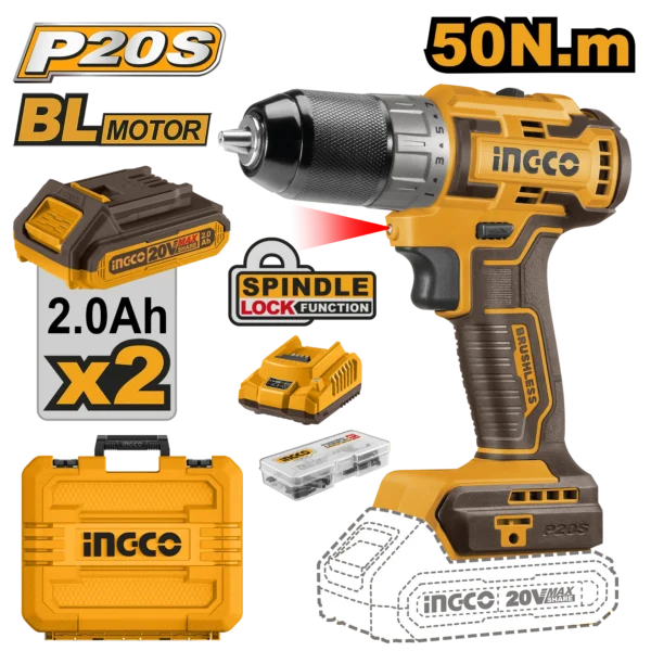 TALADRO INALAMBRICO 3/8"" BL 20V 50N.M + 2 BAT 2.0AH + CARG + MALETA INGCO