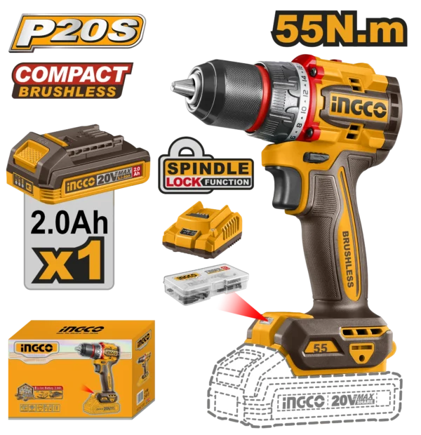 TALADRO INALAMBRICO 1/2" 20V 55N.M + 1 BAT 2.0AH + CARG INGCO