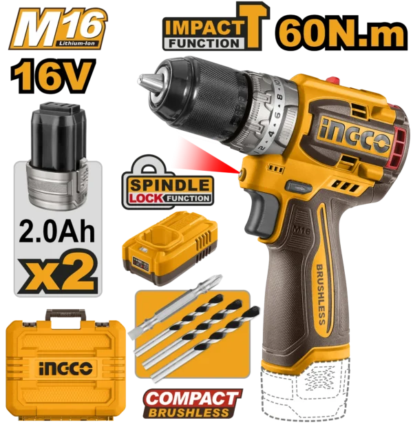 TALADRO DE IMPACTO 1/2" 16V 60N.M + 2 BAT 2.0AH + CARG + MALETA INGCO