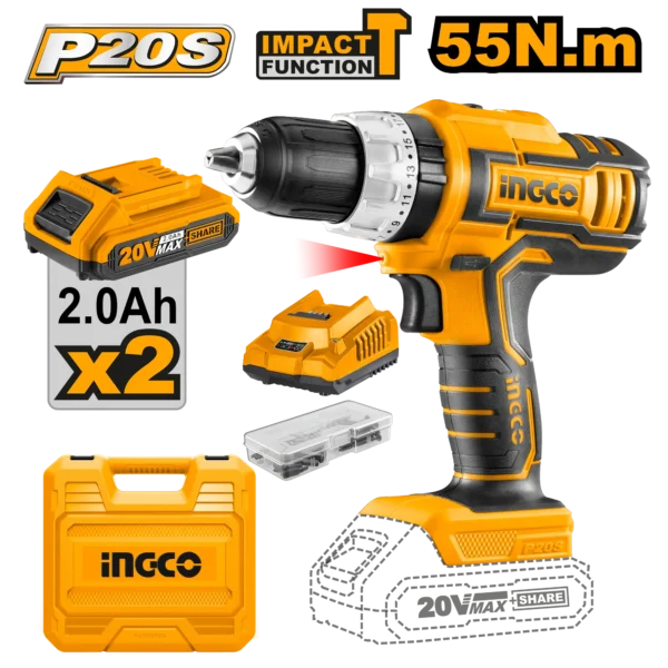 TALADRO INALAMBRICO 1/2"" 20V 55N.M + 2 BAT 2.0AH + CARG + MALETA INGCO