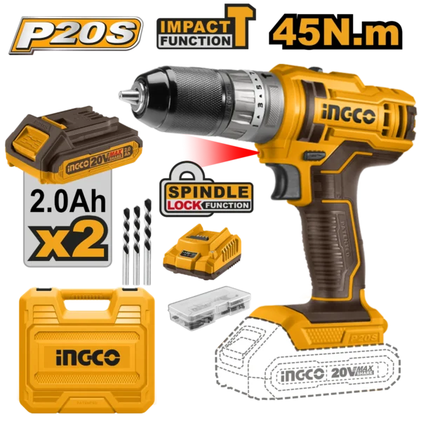TALADRO DE IMPACTO 3/8" 20V 45N.M + 2 BAT 2.0AH + CARG + MALETA INGCO