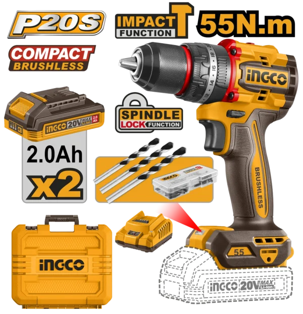TALADRO DE IMPACTO 1/2" BL 20V 55N.M + 2 BAT 2.0AH + CARG + MALETA INGCO