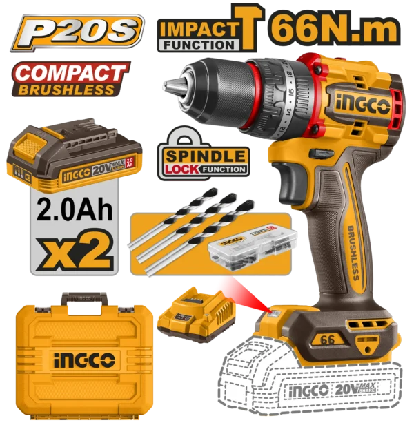 TALADRO DE IMPACTO 1/2" BL 20V 66N.M + 2 BAT 2.0AH + CARG + MALETA INGCO