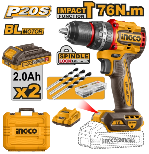 TALADRO DE IMPACTO 1/2" BL 20V 76N.M + 2 BAT 2.0AH + CARG + MALETA INGCO