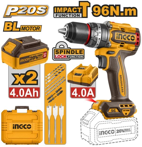 TALADRO DE IMPACTO 1/2" BL 20V 96N.M + 2 BAT 4.0AH + CARG + MALETA INGCO