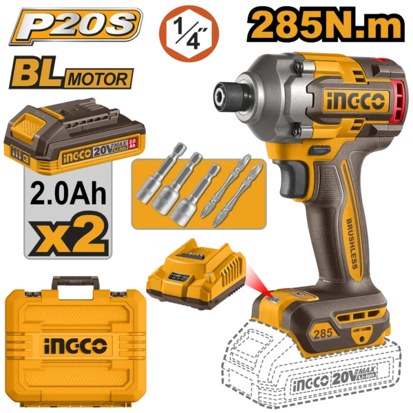 ATORNILLADOR DE IMPACTO 1/4"" BL 20V 285N.M + 2 BAT 2.0AH + CARG + MALETA INGCO