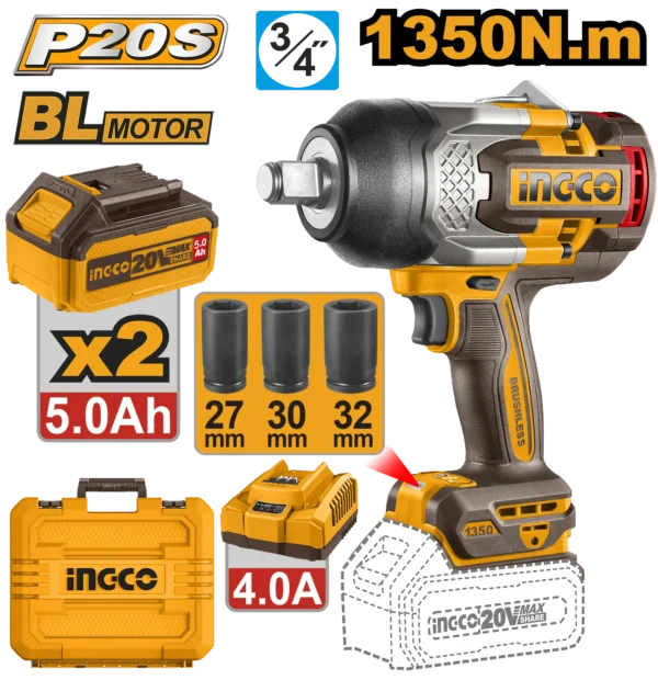 LLAVE DE IMPACTO INALAMBRICA 3/4" BL 20V 1350N.M + 2 BAT 5.0AH + CARG + MALETA INGCO